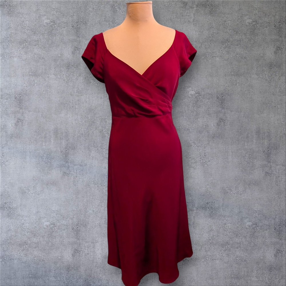 J. Crew Garnet Red /Burgundy Silk Crepe Faux Wrap Bias Cut Party Midi Dress Sz12
